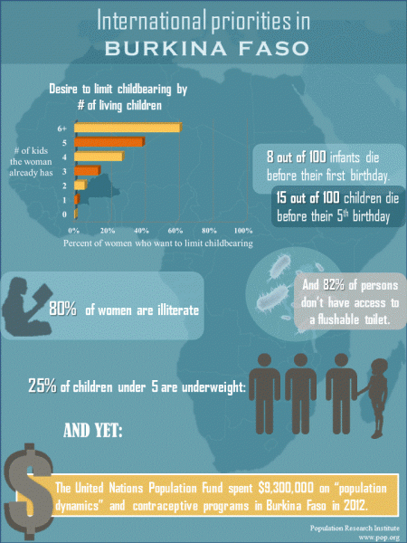 International Priorities in Burkina Faso, malnutrition, UNFPA, contraception, literacy, desired fertility, improved sanitation facilities, infographic