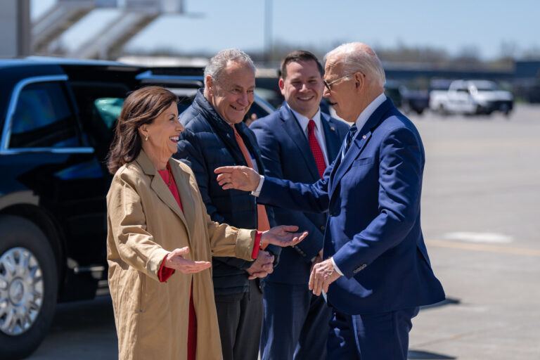 President Joe Biden greets Gov. Kathy Hochul (D-NY), Senator Chuck Schumer (D-NY) and Onondaga County Executive Ryan McMahon (R) at Hancock Field Air National Guard Base, Thursday, April 25, 2024, in Syracuse, New York. (Official White House Photo by Adam Schultz)
